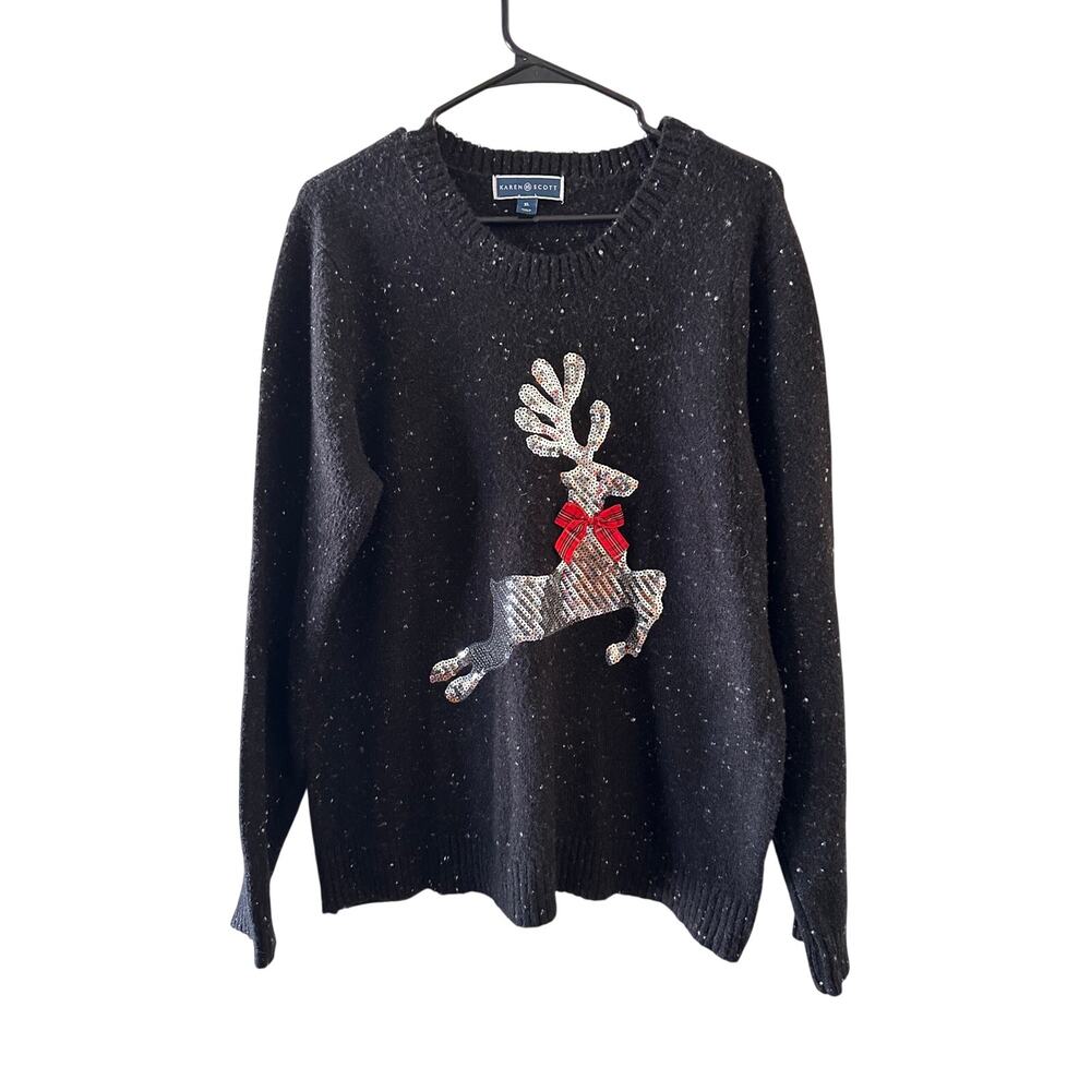 Karen Scott Black Reindeer Christmas Sweater Women Sz XL